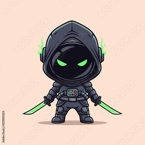 Chibi Cyberpunk Ninja Assassin with Glowing Green Katanas and Hooded Armor Vector Art