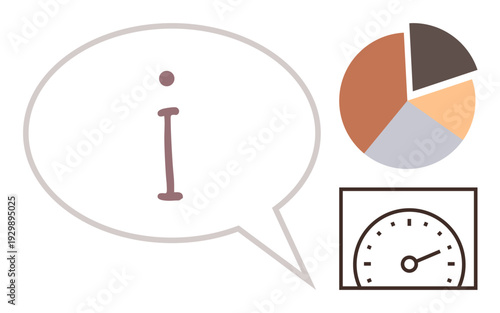 Data visualization, business analytics, speed metrics, communication, efficiency analysis, presentation assets. A speech bubble with information, a pie chart and a gauge. Data visualization