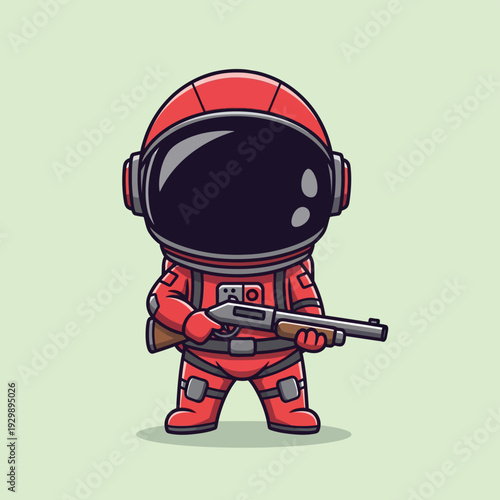 Chibi Red Astronaut Character Holding a Shotgun - Cute Space Warrior Vector Illustration