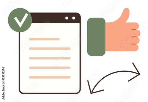 Workflow management, positive feedback, approval systems, task evaluation, quality assurance, productivity tools. A checklist with a green check and a thumbs-up icon. Workflow management and positive