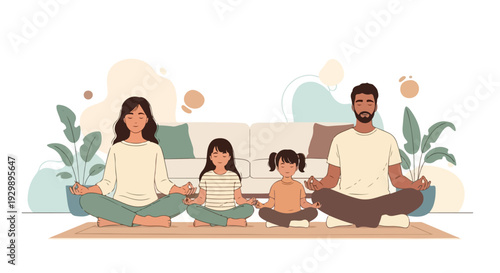 Illustration of a family of four meditating together on a rug in a living room with a couch and plants, conveying a peaceful and serene mood.