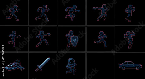 Neon blue icons of sports and action figures on black background.