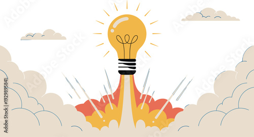 Creative Lightbulb Rocket Launching into the Sky, Startup Innovation and Bright Idea Concept Vector Illustration
