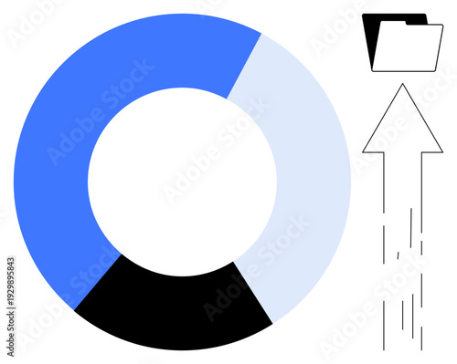 Data management, cloud storage, file sharing, data analytics, business growth, information organization. Pie chart with folder and upward arrow. Data management and cloud storage concept
