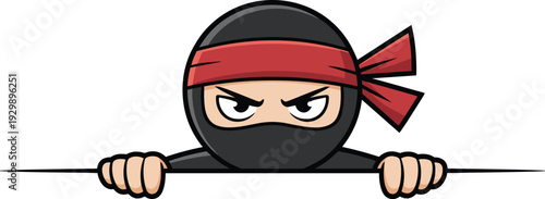 Cute Cartoon Ninja Peeking Over Edge, Sneaky Japanese Shinobi Character Border Vector Illustration