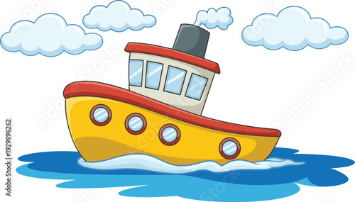 Cute Cartoon Tugboat Sailing on Blue Sea with White Clouds Vector Illustration Isolated on White