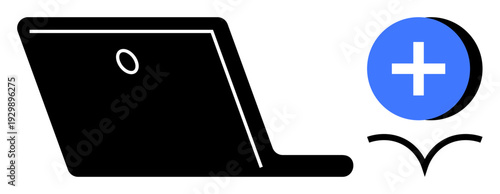 Technology concept. Technology symbol with a minimal laptop and blue add symbol s features thumbs up updates and usability. Technology icons for devices, apps, software, connectivity, user-friendly