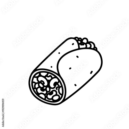 A stylized illustration of a wrapped burrito with visible filling ingredients