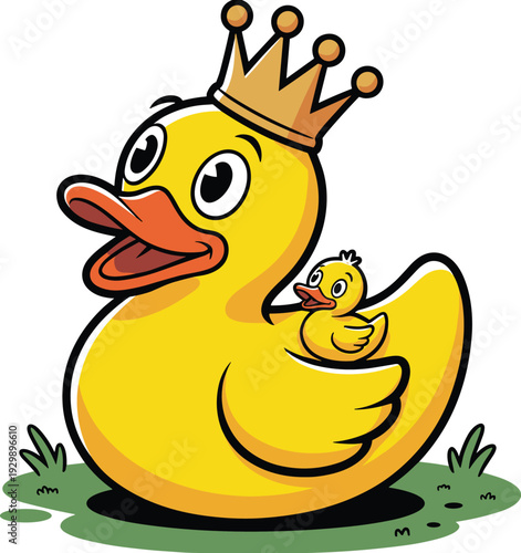 Cute Yellow Rubber Duck King with Crown and Baby Duckling, Royal Bird Character Vector Illustration