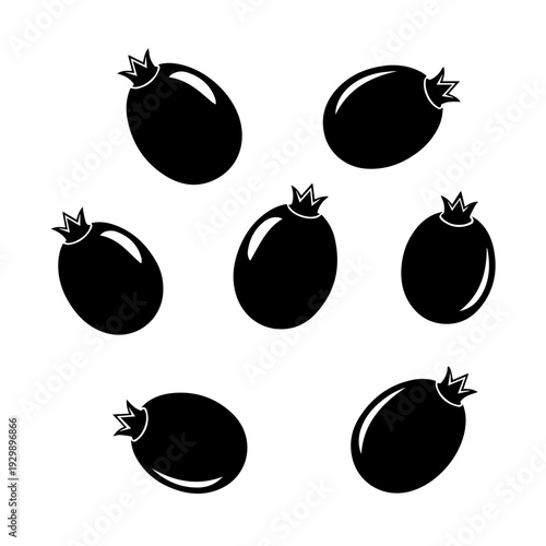 Seven blackberries arranged in a circular pattern on a plain background.