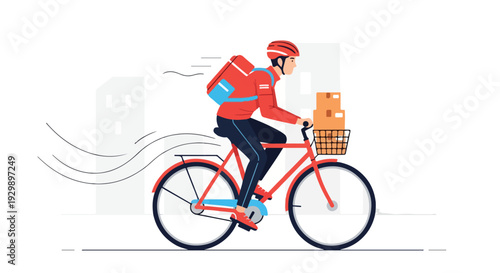 Delivery person riding a bicycle with a basket full of food in a dynamic urban setting.