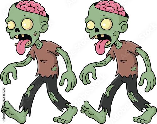 Funny Cartoon Zombie Walking Character with Exposed Brain, Spooky Undead Creature Vector Illustration