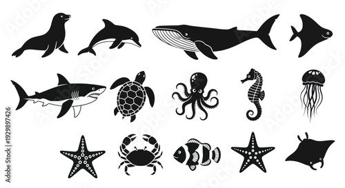 Ocean Wildlife Silhouette Collection: Diverse Marine Animals Icon Set on White Background