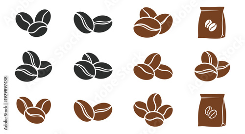 Coffee Beans and Bags Icons - Simple Vector Illustrations for Cafe and Beverage Concepts