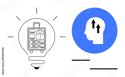 Travel packing and innovation concept. A lightbulb outlines organized luggage, smart travel. A human head with arrows s forward-thinking solutions. For travel, planning, innovation, creativity