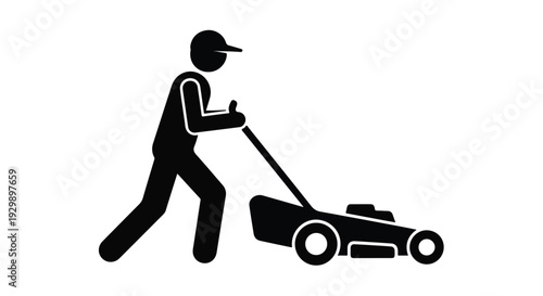 A black silhouette of a man pushing a lawn mower on a white background with a simple graphic style.