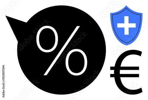 Finance, savings, healthcare, insurance, medical costs, currency exchange. Percentage symbol, health shield euro sign. Finance and savings concepts by economic and medical elements