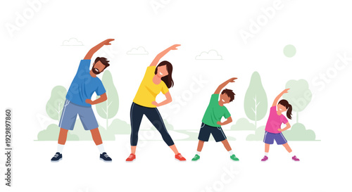 Illustration of a family of four stretching together in a park with green trees in the background, wearing casual clothing.