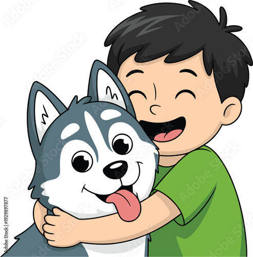 Happy Cartoon Boy Hugging a Husky Puppy, Cute Child and Dog Friendship Vector Illustration