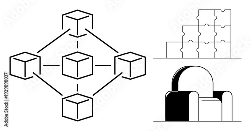 Blockchain network concept. Blockchain with cubes connected in a system. Incorporates puzzle and geometric designs for connectivity problems, systems design, and digital solutions. Usages blockchain
