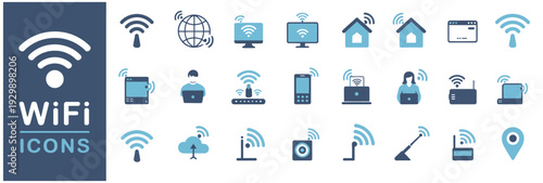 Assortment of blue and dark gray vector icons for Wi-Fi and internet services, featuring devices, global network, and connectivity symbols for digital communication.