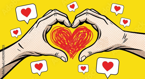 Hands forming a heart shape with speech bubbles and love icons.