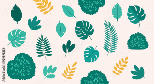 Assortment of vibrant tropical foliage including monstera and fern leaves scattered randomly