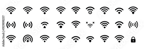 Collection of diverse Wi-Fi signal strength icons and symbols, representing wireless connectivity, network strength, and internet access in a clean, modern vector graphic.