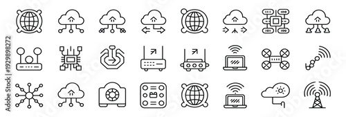 Set of modern line icons illustrating cloud computing, networking, IoT devices, and digital infrastructure, including global connectivity, data transfer, and communication.