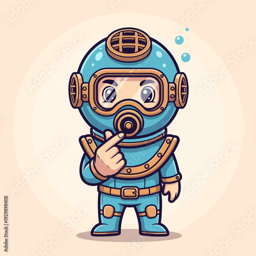 Cute Cartoon Vintage Diver Character Making Finger Heart Gesture Underwater Illustration