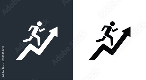 Flat design illustration of two stick figures running up arrows on contrasting black and white backgrounds.