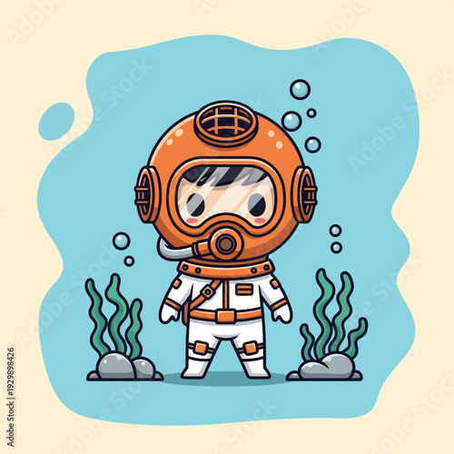Adorable Chibi Cartoon Diver in Vintage Deep Sea Suit Exploring Ocean Floor with Bubbles and Seaweed Illustration