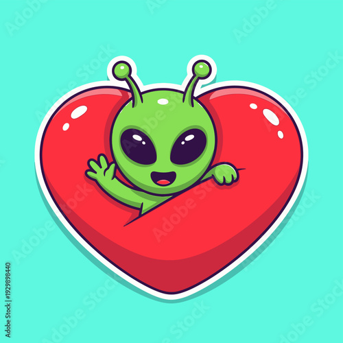 Cute Green Alien Waving from Red Heart Sticker Illustration - Adorable Extraterrestrial Love Character