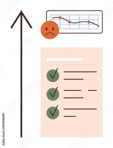 Business growth, task management, data analysis, productivity, performance monitoring, progress visualization. Checklist with checkmarks, upward arrow graph with sad face icon. Business growth
