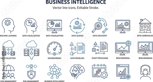 Blue line business intelligence icons for data visualization science discovery collection modeling benchmarking and corporate risk management strategies