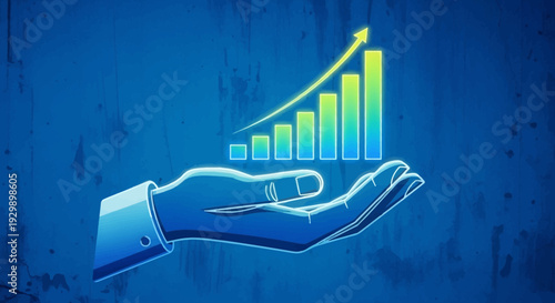 Hand holding a rising bar graph with upward trending arrow.