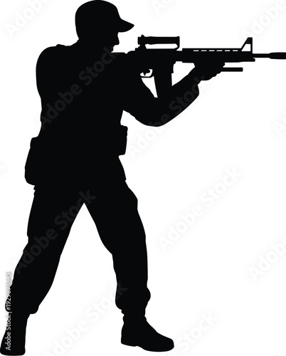 Military Soldier Silhouette with Assault Rifle, Army Infantry Spec Ops Warrior Vector Illustration