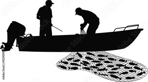 Silhouette of Fishermen in Motorboat with Large Fishing Net Full of Fish, Commercial Fishing and Seafood Industry Vector Illustration