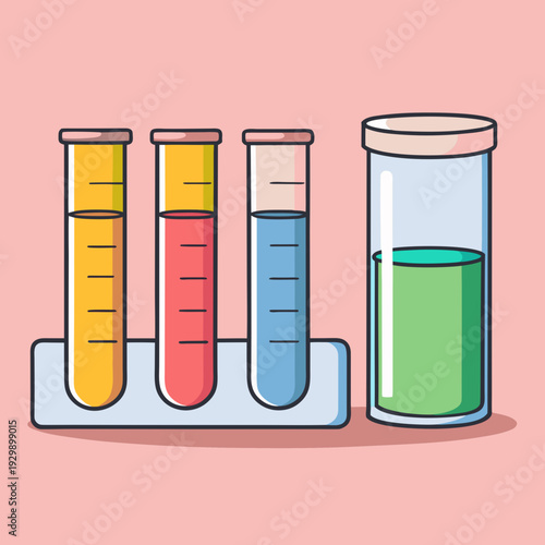 Colorful laboratory beakers and test tubes holding various colored liquids for scientific testing and analysis