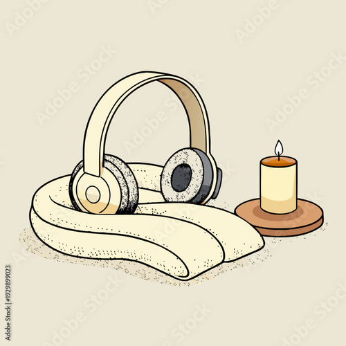 Cozy audio setup featuring wireless headphones, a soft knitted throw, and a glowing candle for ultimate relaxation and comfort.