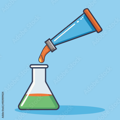 Colorful liquid being poured from a science beaker into an erlenmeyer flask during a laboratory experiment