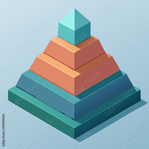 Geometric layered pyramid formations in teal orange and blue, representing hierarchical structure and abstract design.