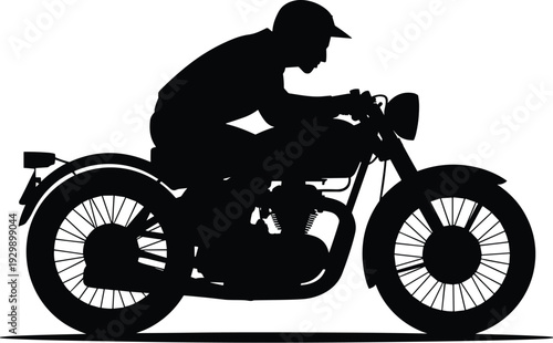 Silhouette of Man Riding Vintage Cafe Racer Motorcycle Isolated on White Background