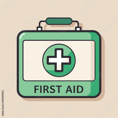 Green First Aid Kit with Medical Cross Symbol and Text Safety Equipment Icon