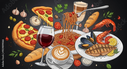 Assorted Italian food and beverages illustration.