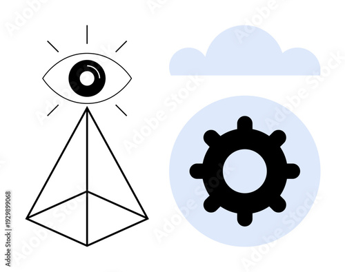 Technology concept. Technology symbols including an eye pyramid, cloud, and gear illustrate innovation, vision, and functionality. Technology in cloud services, vision systems, innovation data