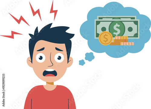 Stressed Man Thinking About Money and Debt, Cartoon Character Worried About Financial Crisis and Expenses Vector Illustration