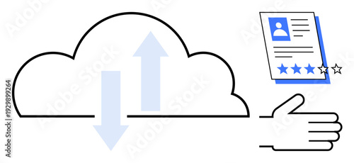Data uploaddownload cloud with bidirectional arrows, illustrated hand presenting profile feedback form. Ideal for communication, digital storage, cloud computing, sharing, appraisal, collaboration
