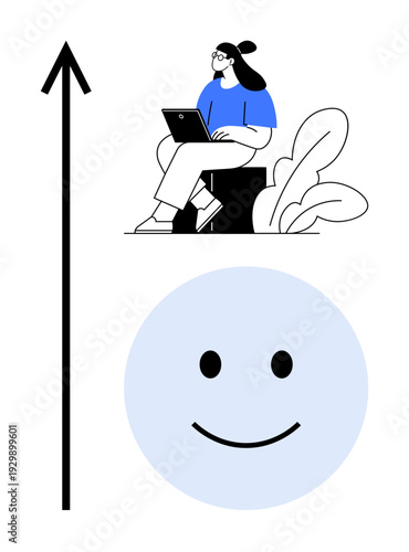 Growth concept. Growth by an upward arrow alongside a woman using a laptop and a happy face. Growth for personal development, success, teamwork, career, education, creativity