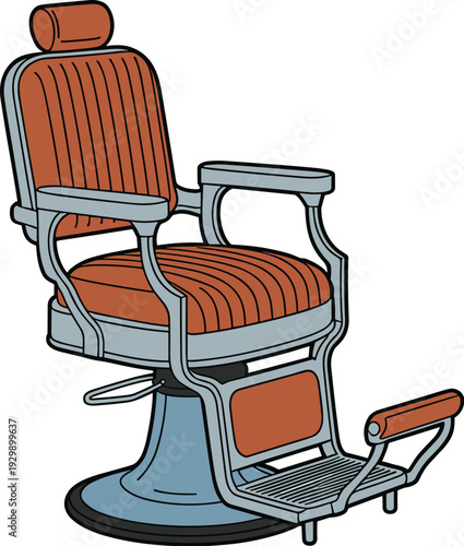 Vintage Barber Chair with Leather Upholstery and Footrest, Retro Salon Furniture Vector Illustration for Hairdressing and Grooming Concepts